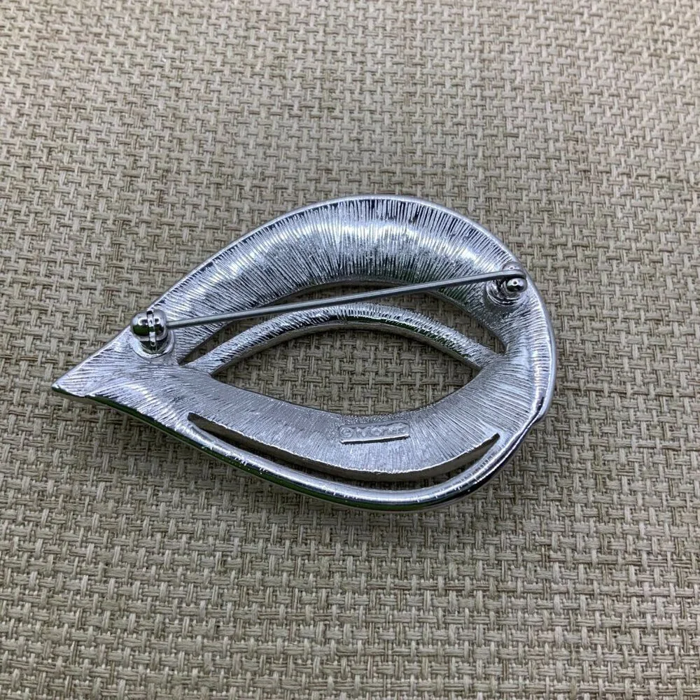 Monet Vintage Open Work Black Enamel Silver Tone Leaf Pin Brooch